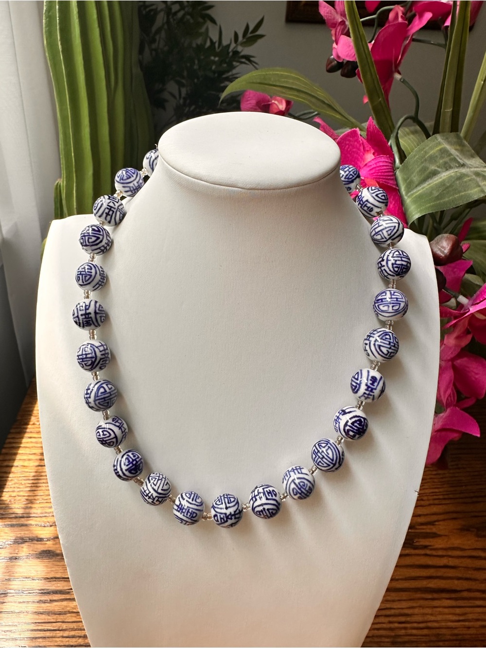 Vintage Chinese Longevity Symbol Porcelain Bead Necklace